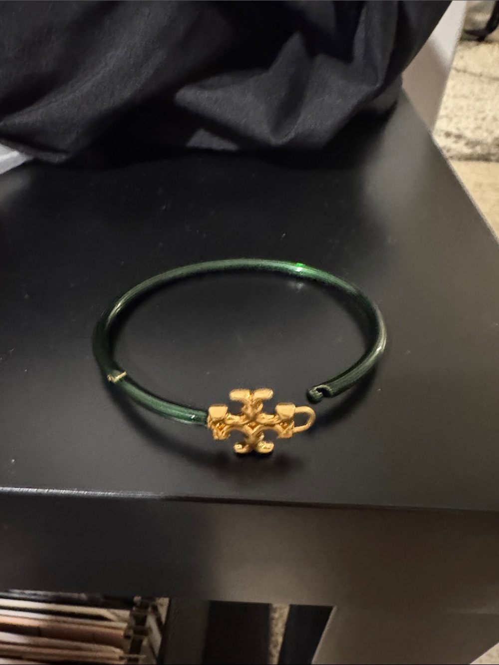 Tory Burch Metallic Dark Green Bangle with Gold Logo